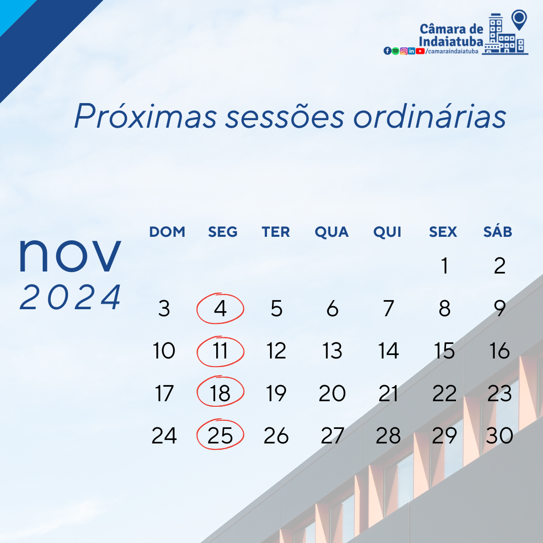 Confira as datas das sessões ordinárias de novembro