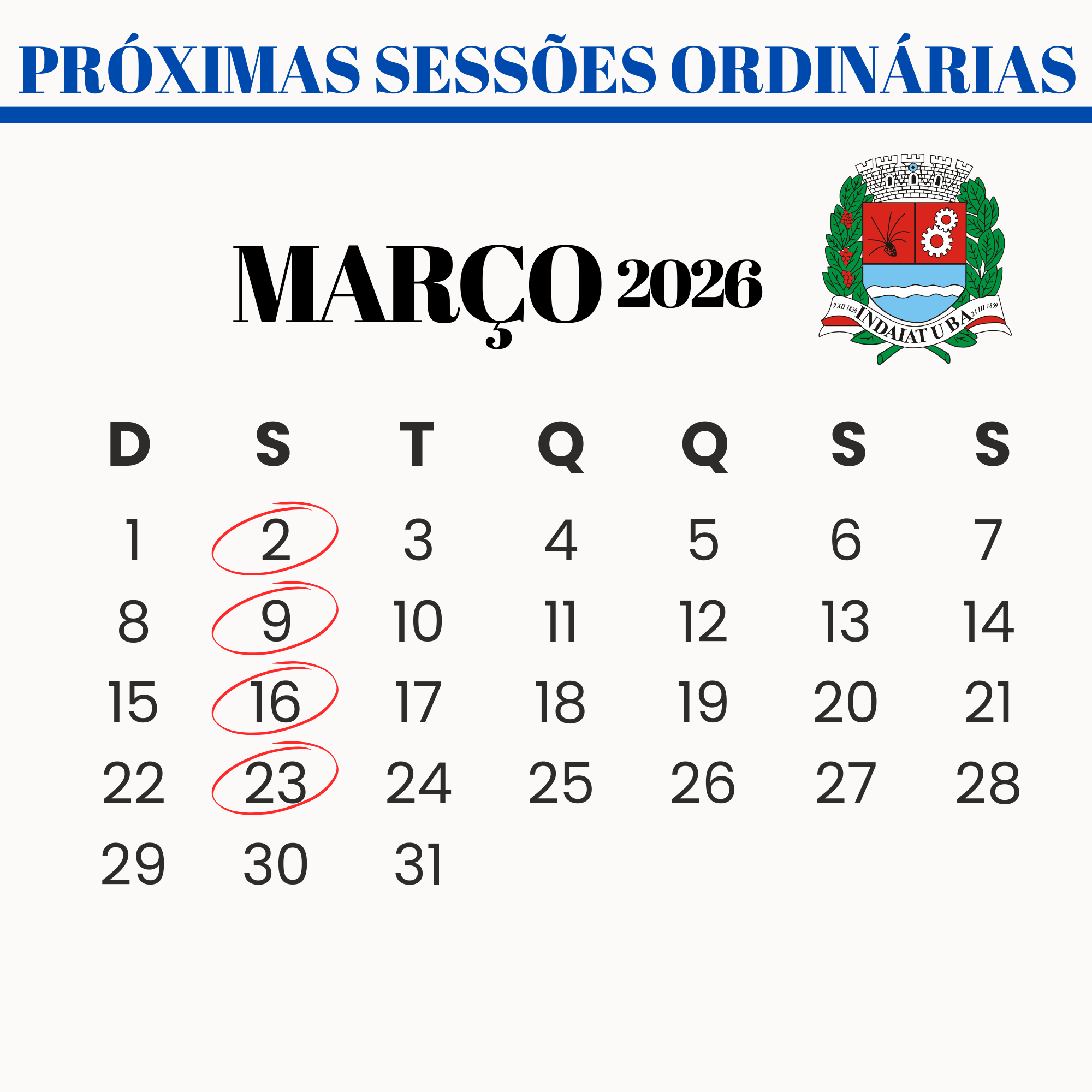 Confira as datas das sessões ordinárias de março
