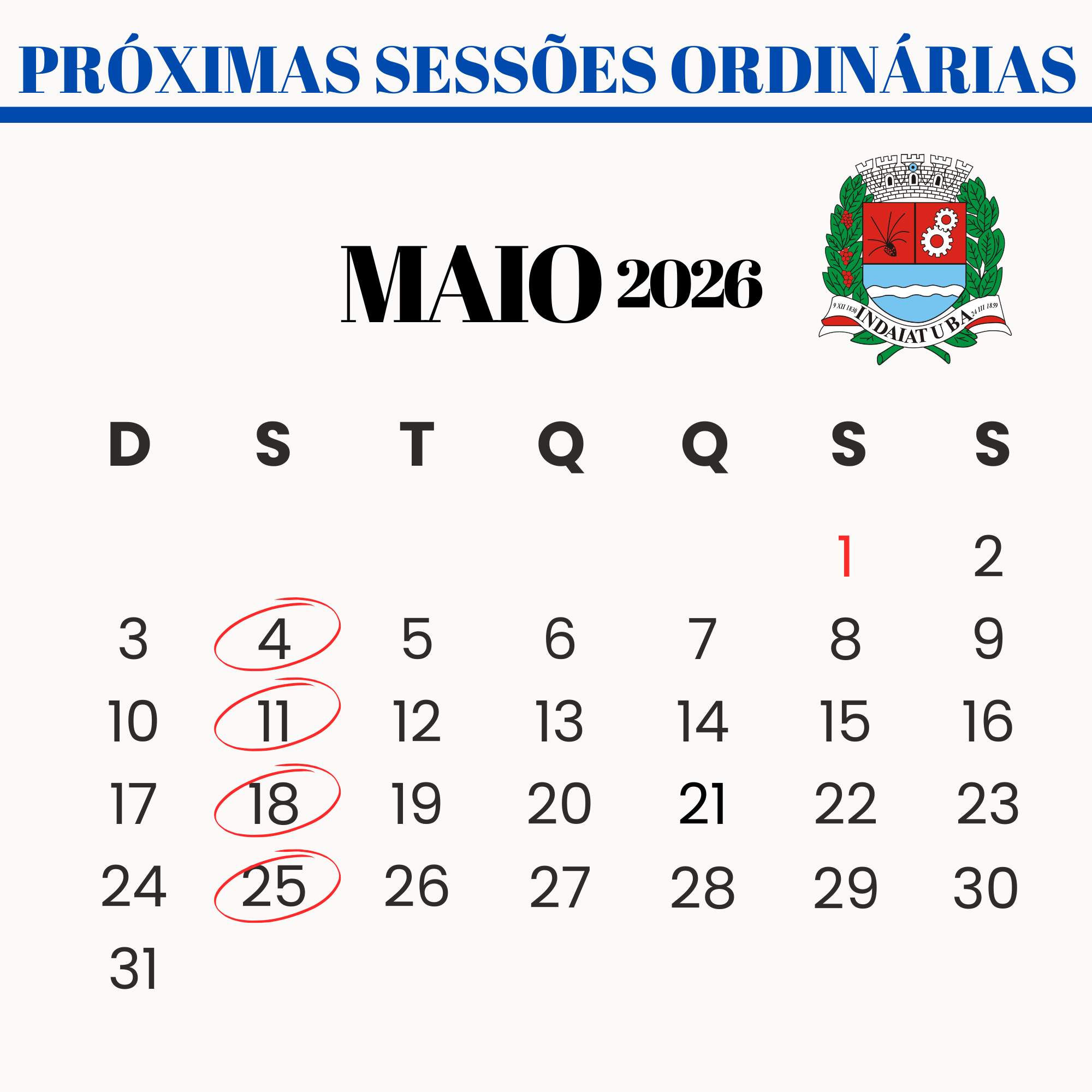 Confira as datas das sessões ordinárias de maio