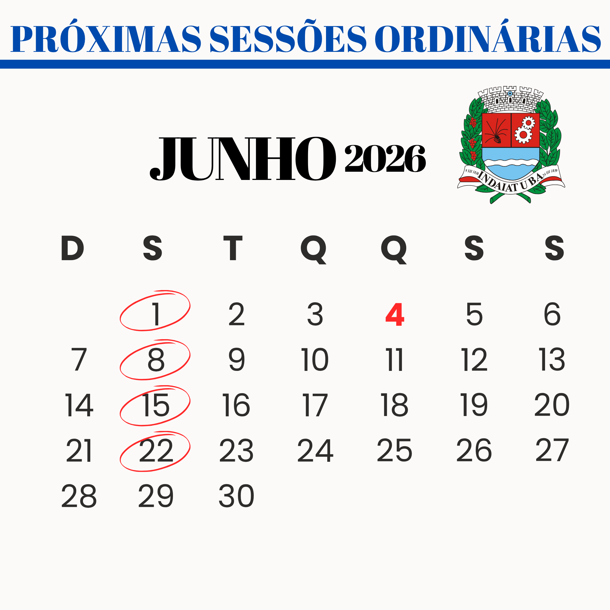 Confira as datas das sessões ordinárias de junho