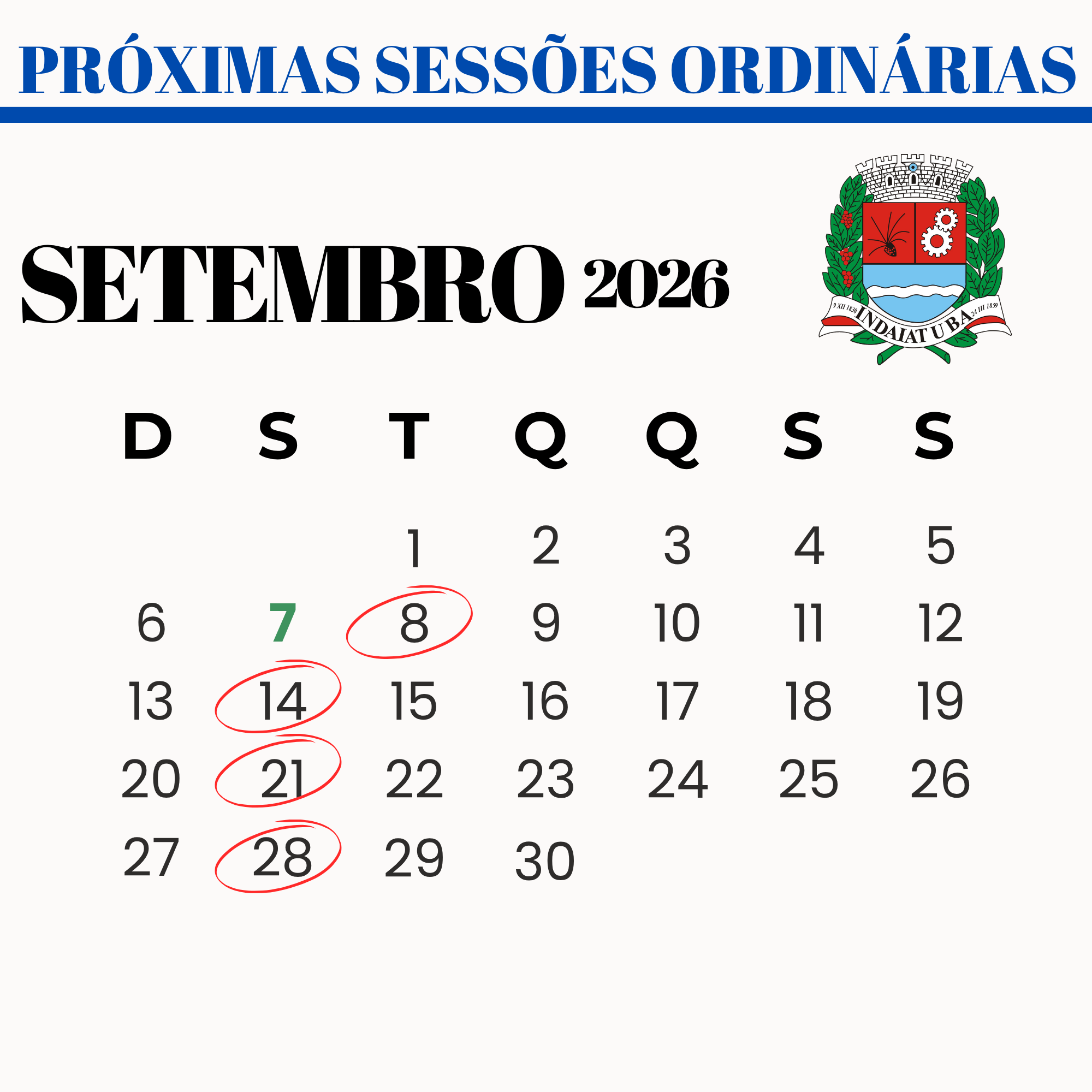Confira as datas das sessões ordinárias de setembro