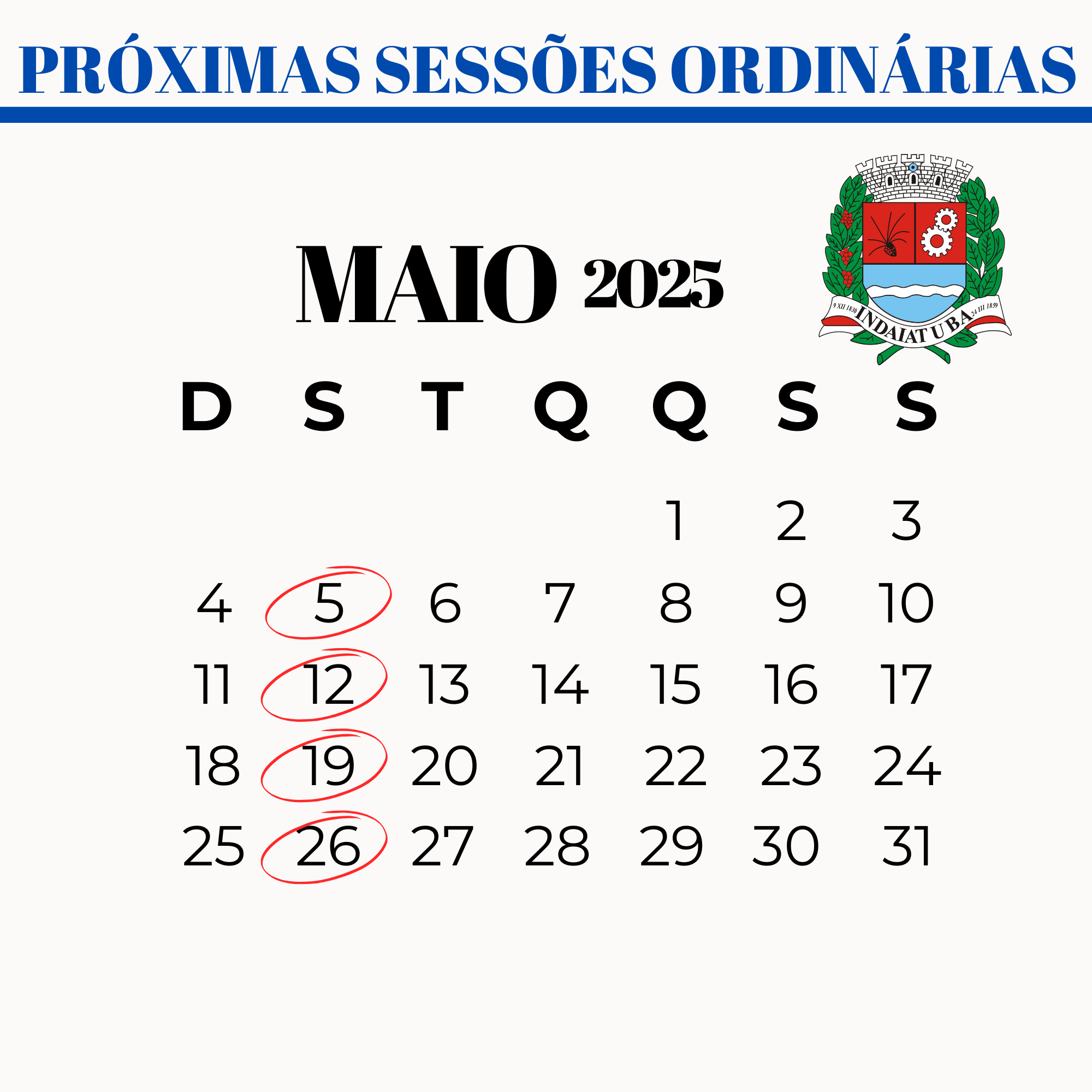 Confira as datas das sessões ordinárias em maio